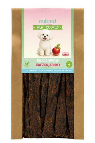 MEAT COOKIES kaczka z jabłkiem MILORD – naturalny, chrupiący przysmak dla psa z mięsa mięśniowego z dodatkiem jabłka.
