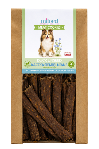 MEAT COOKIES kaczka z siemieniem lnianym MILORD – naturalny, chrupiący przysmak dla psa z mięsa mięśniowego z dodatkiem siemienia lnianego.