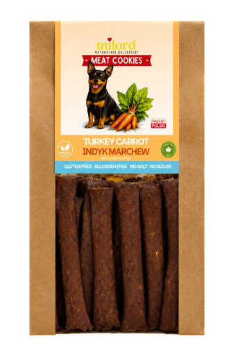 MEAT COOKIES indyk z marchwią MILORD – naturalny, chrupiący przysmak dla psa z mięsa mięśniowego z indyka z dodatkiem marchwi.