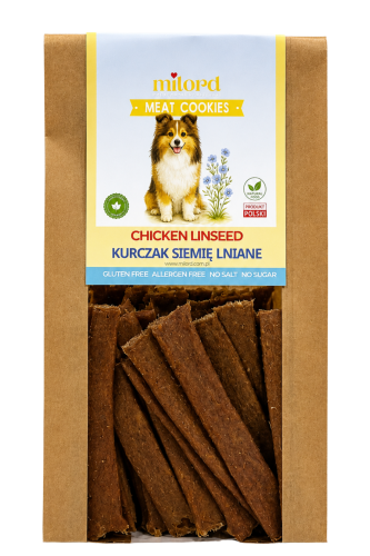 MEAT COOKIES kurczak z siemieniem lnianym MILORD – naturalny, chrupiący przysmak dla psa z mięsa mięśniowego z kurczaka z dodatkiem siemienia lnianego.