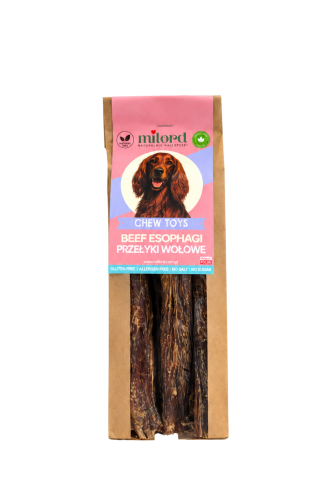 Suszone przełyki wołowe dla psa – naturalny gryzak o mięsistej, włóknistej strukturze i średniej twardości
