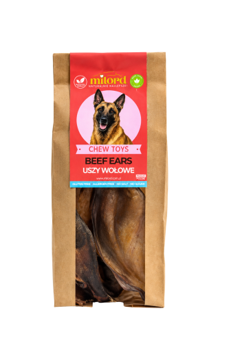 Suszone uszy wołowe dla psa MILORD – naturalny twardy gryzak ze 100% wołowiny