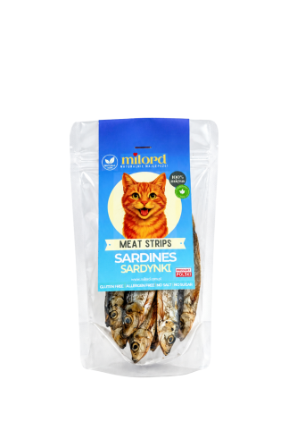 Naturalne sardynki dla kota MILORD – całe suszone rybki, naturalne źródło białka oraz kwasów omega-3 EPA i DHA