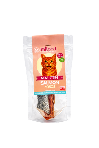 Filet z łososia dla kota MILORD – naturalny przysmak wykonany w 100% z mięsa łososia, o intensywnym rybnym smaku i aromacie