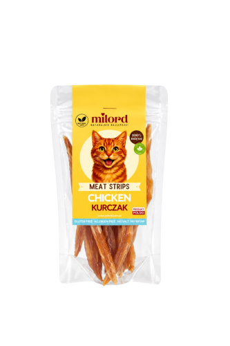 Kurczak w paskach dla kota MILORD – naturalny przysmak wykonany w 100% z mięsa mięśniowego z kurczaka, bez zbóż i sztucznych dodatków