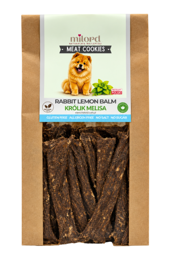 MEAT COOKIES królik z melisą MILORD – naturalny przysmak dla psa z 75% mięsa mięśniowego z królika i 25% melisy.
