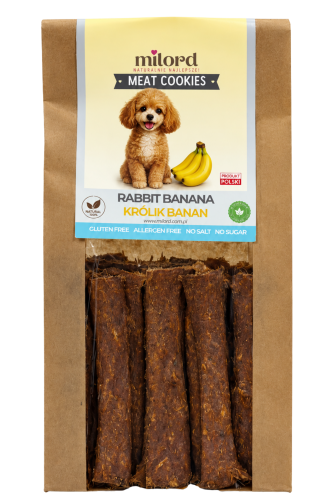 MEAT COOKIES królik z bananem MILORD – naturalny, chrupiący przysmak dla psa z mięsa mięśniowego z królika z dodatkiem banana.