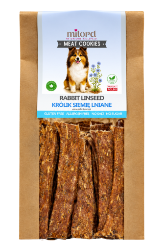 MEAT COOKIES królik z siemieniem lnianym MILORD – naturalny, chrupiący przysmak dla psa z 75% mięsa mięśniowego z królika i dodatkiem siemienia lnianego.