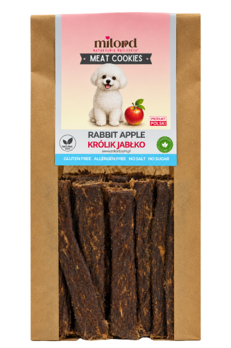 MEAT COOKIES królik z jabłkiem MILORD – naturalny, chrupiący przysmak dla psa z 75% mięsa mięśniowego z królika i dodatkiem jabłka.