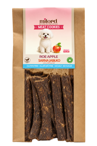 Naturalny przysmak dla psa MEAT COOKIES – sarna z jabłkiem MILORD, chrupiące mięsne paski z dziczyzny z dodatkiem jabłka