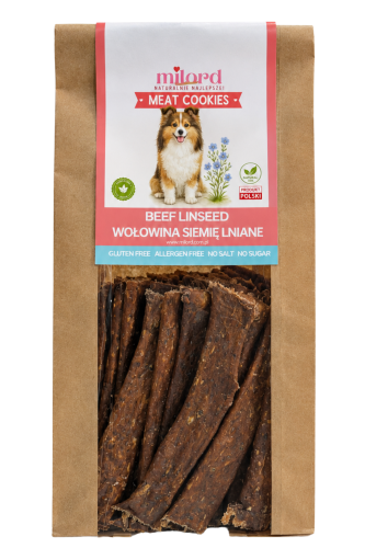 MEAT COOKIES wołowina z siemieniem lnianym MILORD – naturalny, chrupiący przysmak dla psa z 75% wołowiny i 25% siemienia lnianego.