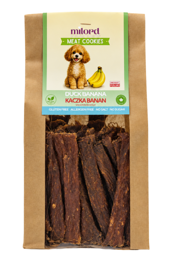 MEAT COOKIES kaczka z bananem MILORD – naturalny, chrupiący przysmak dla psa z mięsa mięśniowego z dodatkiem banana.