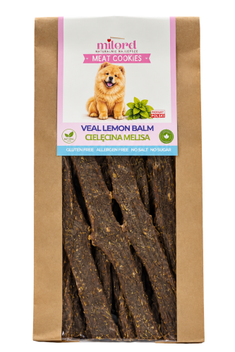MEAT COOKIES cielęcina z melisą MILORD – naturalny, chrupiący przysmak dla psa z mięsa mięśniowego z dodatkiem melisy.
