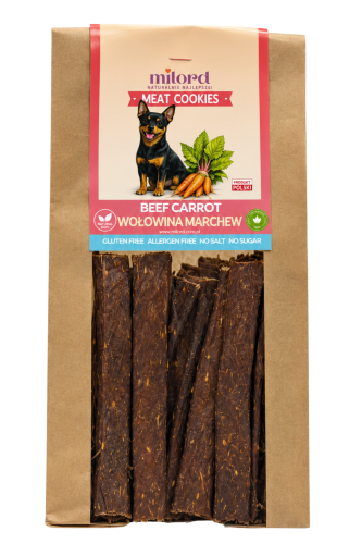 MEAT COOKIES wołowina z marchwią MILORD – naturalny, chrupiący przysmak dla psa z 75% mięsa mięśniowego z wołowiny i 25% marchwi.