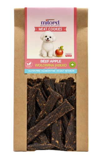 MEAT COOKIES wołowina z jabłkiem MILORD – naturalny, chrupiący przysmak dla psa z 75% mięsa mięśniowego z wołowiny i 25% jabłka.