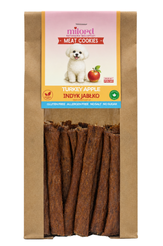 MEAT COOKIES indyk z jabłkiem MILORD – naturalny, chrupiący przysmak dla psa z mięsa mięśniowego z indyka z dodatkiem jabłka.