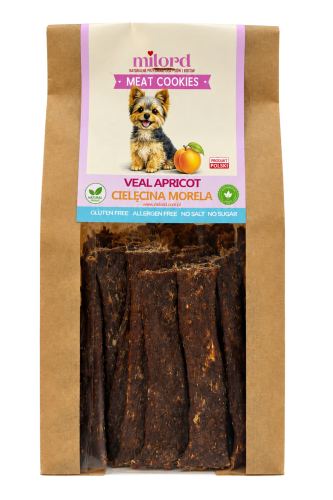 MEAT COOKIES cielęcina z morelą MILORD – naturalny, chrupiący przysmak dla psa z mięsa mięśniowego z dodatkiem moreli.