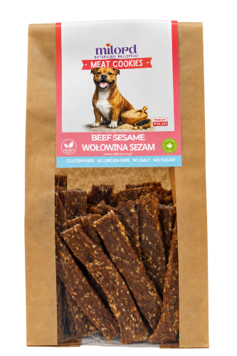 MILORD MEAT COOKIES Wołowina z sezamem – naturalne, suszone przysmaki dla psa z 75% mięsa wołowego i 25% sezamu, bez zbóż i konserwantów.