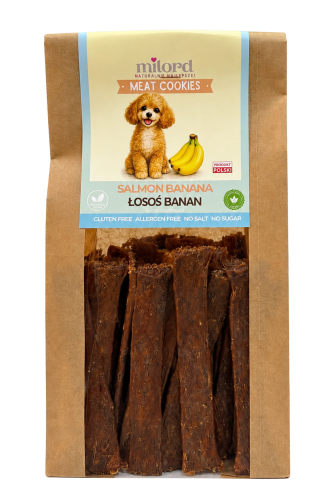 Naturalny przysmak dla psa MEAT COOKIES – łosoś z bananem MILORD, chrupiące mięsne paski z łososiem i dodatkiem banana