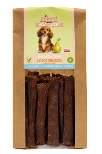 Naturalny przysmak dla psa MEAT COOKIES – łosoś z gruszką MILORD, chrupiące mięsne paski z łososiem i dodatkiem gruszki