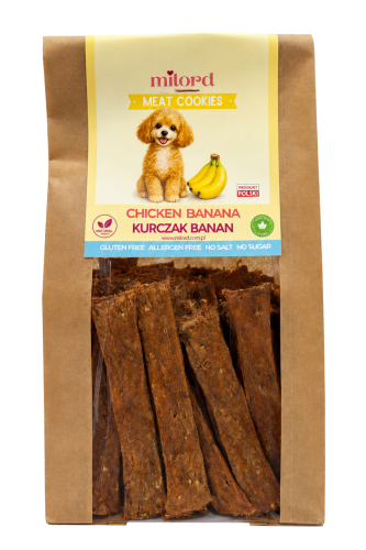 MEAT COOKIES kurczak z bananem MILORD – naturalny, chrupiący przysmak dla psa z mięsa mięśniowego z kurczaka z dodatkiem banana.