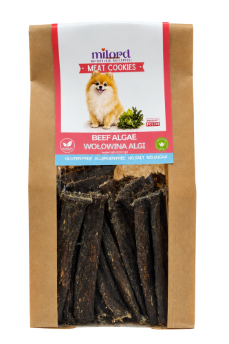 MEAT COOKIES wołowina z algami MILORD – naturalny, chrupiący przysmak dla psa z 75% mięsa mięśniowego z wołowiny i 25% alg.