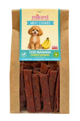 Naturalny przysmak dla psa MEAT COOKIES – dorsz z bananem MILORD, chrupiące mięsne paski z dorszem i dodatkiem banana