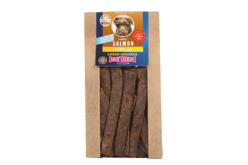 Suszony przysmak dla psa z łososia i gruszki – naturalna nagroda treningowa.