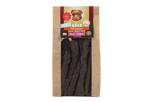 Suszony przysmak dla psa z dzika i marchwi – naturalna nagroda treningowa wspierająca wzrok i odporność.