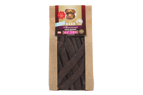 Suszony przysmak dla psa z dzika i buraka – naturalna nagroda treningowa wspierająca odporność i krążenie.