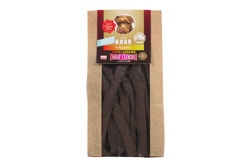 Suszony przysmak dla psa z dzika i jabłka – naturalna nagroda treningowa bogata w witaminy i wspierająca trawienie.
