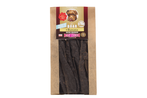 Suszony przysmak dla psa z dzika i banana – naturalna nagroda treningowa bogata w witaminy i składniki wspierające trawienie.