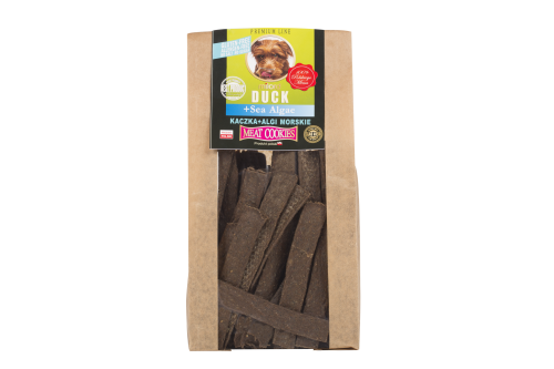 Suszony przysmak dla psa z kaczki i alg morskich – naturalna nagroda treningowa wspierająca odporność psa.