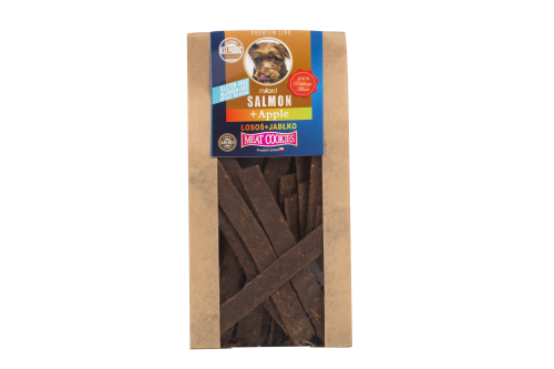 Suszony przysmak dla psa z łososia i jabłka – naturalna nagroda treningowa.
