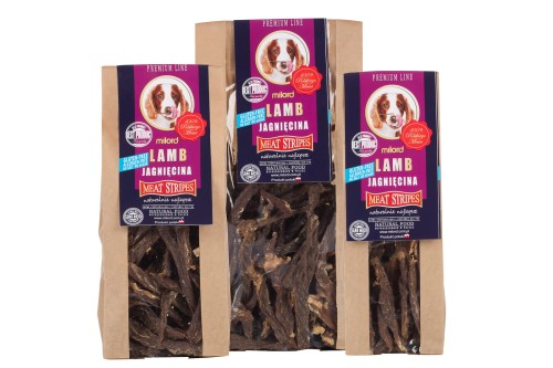 naturalny przysmak dla psa – suszone mięso z jagnięciny w paskach Milord
