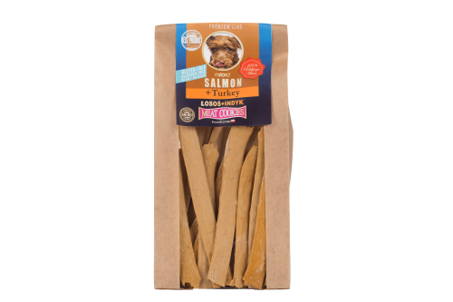 Suszony przysmak dla psa z łososia i indyka – naturalna nagroda treningowa.