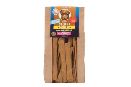 Suszony przysmak dla psa z łososia i kurczaka – naturalna nagroda treningowa.