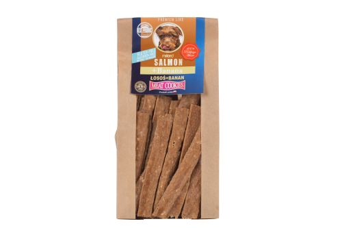 Suszony przysmak dla psa z łososia i banana – naturalna nagroda treningowa.