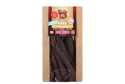 Suszony przysmak dla psa z dzika i siemienia lnianego – naturalna nagroda wspierająca trawienie i sierść psa