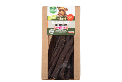 Suszony przysmak dla psa z dzika i ostropestu – naturalna nagroda wspierająca wątrobę i trawienie.