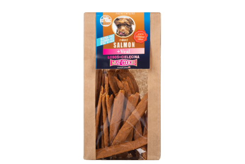 Suszony przysmak dla psa z łososia i cielęciny – naturalna nagroda treningowa.