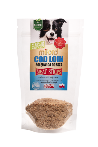 Naturalny dosmaczacz dla psa z mielonego dorsza – aromatyczna posypka zwiększająca smakowitość karmy.