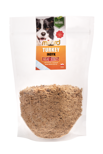 Naturalny dosmaczacz dla psa z mielonego indyka – aromatyczna posypka zwiększająca smakowitość karmy.