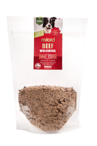 Naturalny dosmaczacz dla psa z mielonej wołowiny – aromatyczna posypka zwiększająca smakowitość karmy.