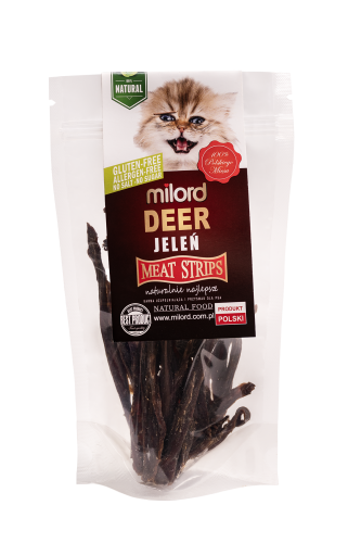 naturalny przysmak dla kota – suszone mięso z jelenia w paskach Milord