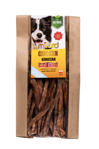 Paski z mięsa kurczaka dla psa – suszone w niskiej temperaturze, bez zbóż i sztucznych dodatków.