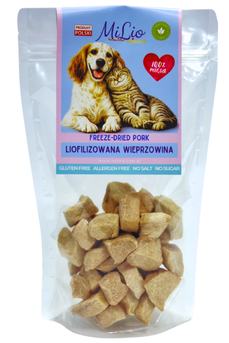 Liofilizowane mięso wieprzowe dla psa i kota – naturalny przysmak 100% mięsa, bez dodatków.