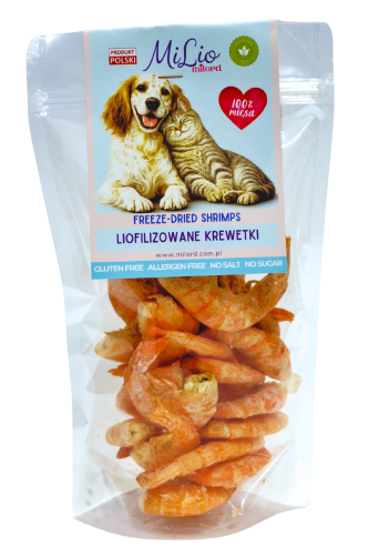 Liofilizowane krewetki dla psa i kota – naturalny przysmak 100%, aromatyczny i bogaty w białko oraz omega-3.