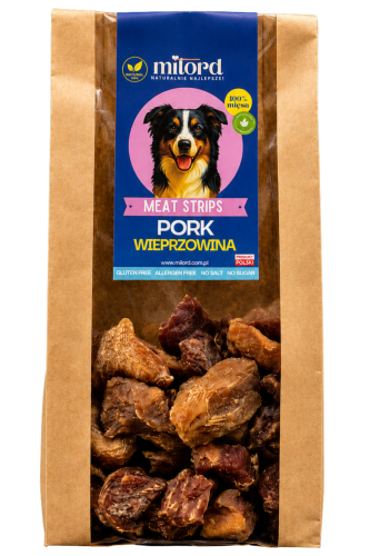 Wieprzowina w kawałkach dla psa – naturalny przysmak z 100% mięsa mięśniowego.