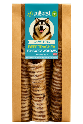 Tchawice wołowe dla psa – naturalny gryzak bogaty w kolagen wspierający stawy i chrząstki.